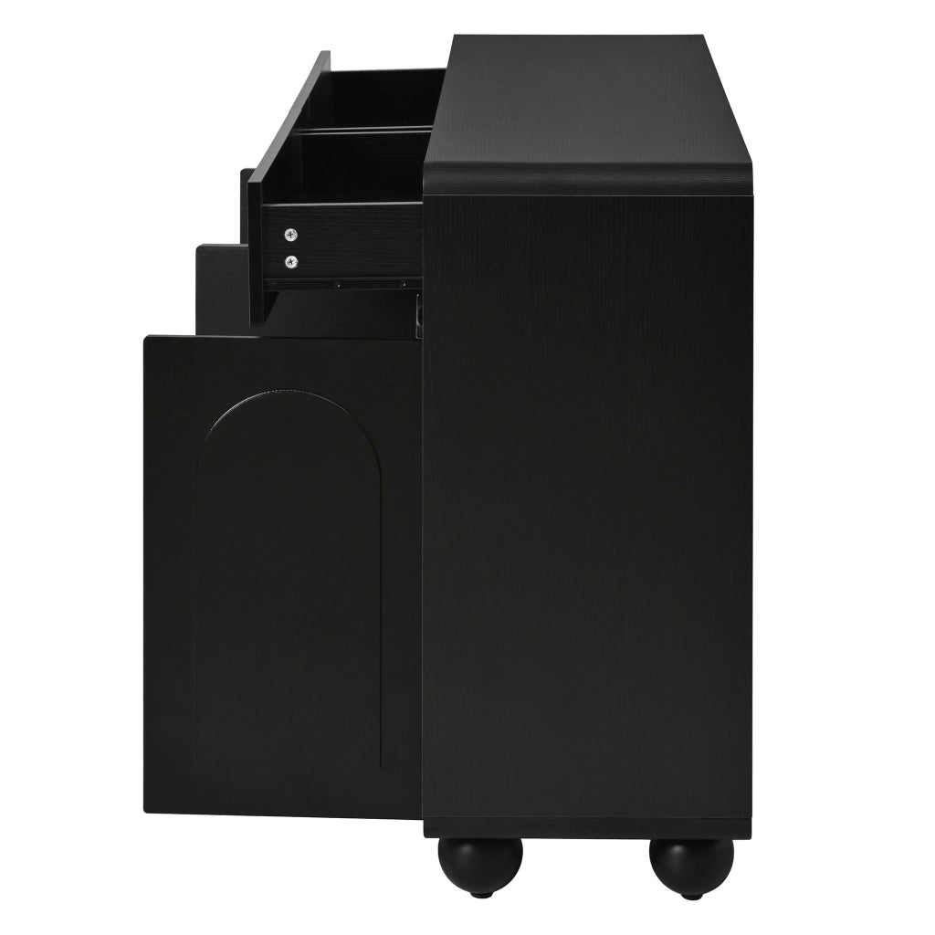 Credenza, mobile contenitore, 2 cassetti, decorazioni a rilievo ad arco, in MDF, piedini metallici rotondi, nero