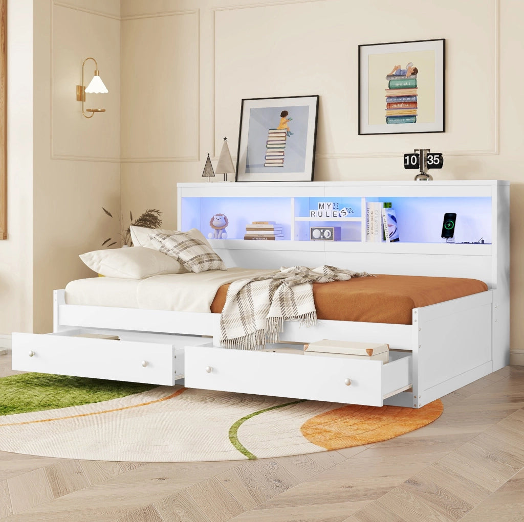 Tagesbett 90x200 cm con luce LED, USB e cassetti