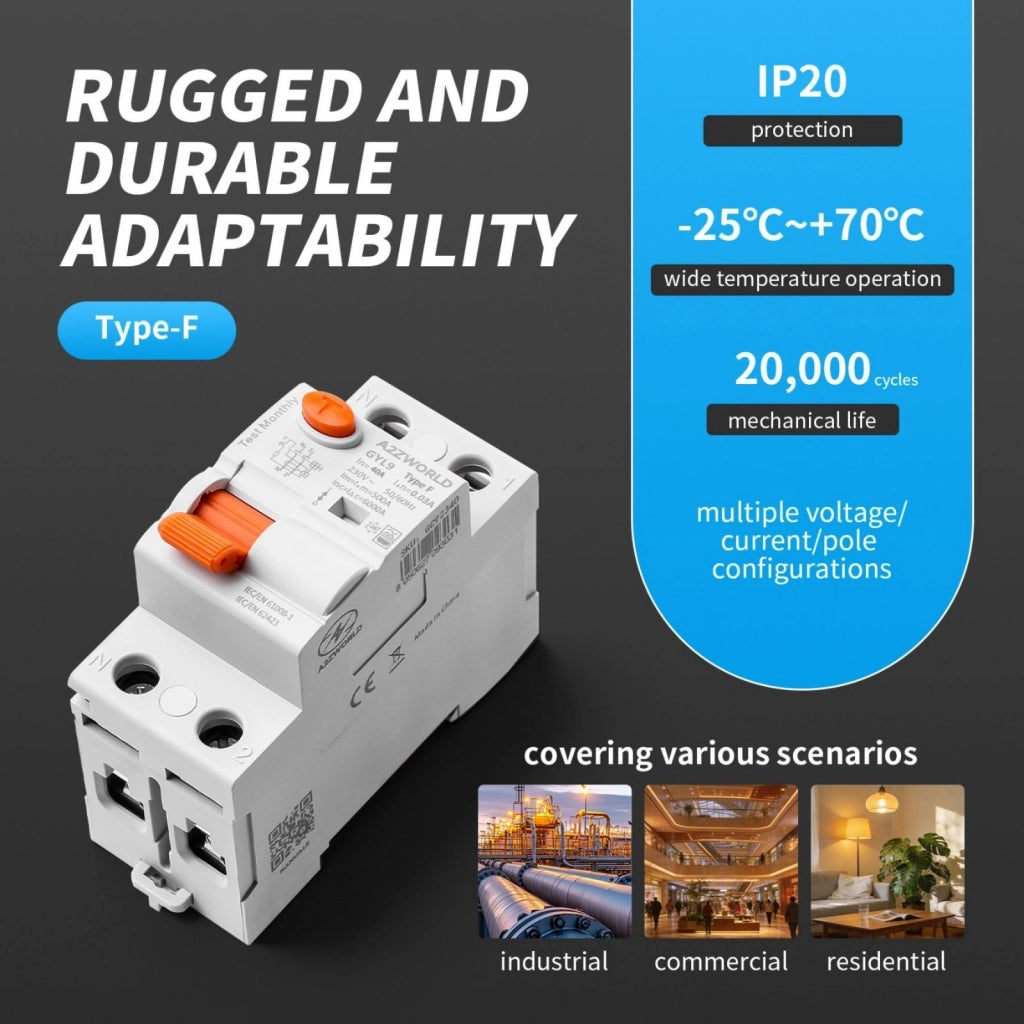 RCCB Interruttore Differenziale Puro Tipo F 1P+N 2M 6000A 300mA 25A AC 230V IP20 IEC61008-1 GYL9