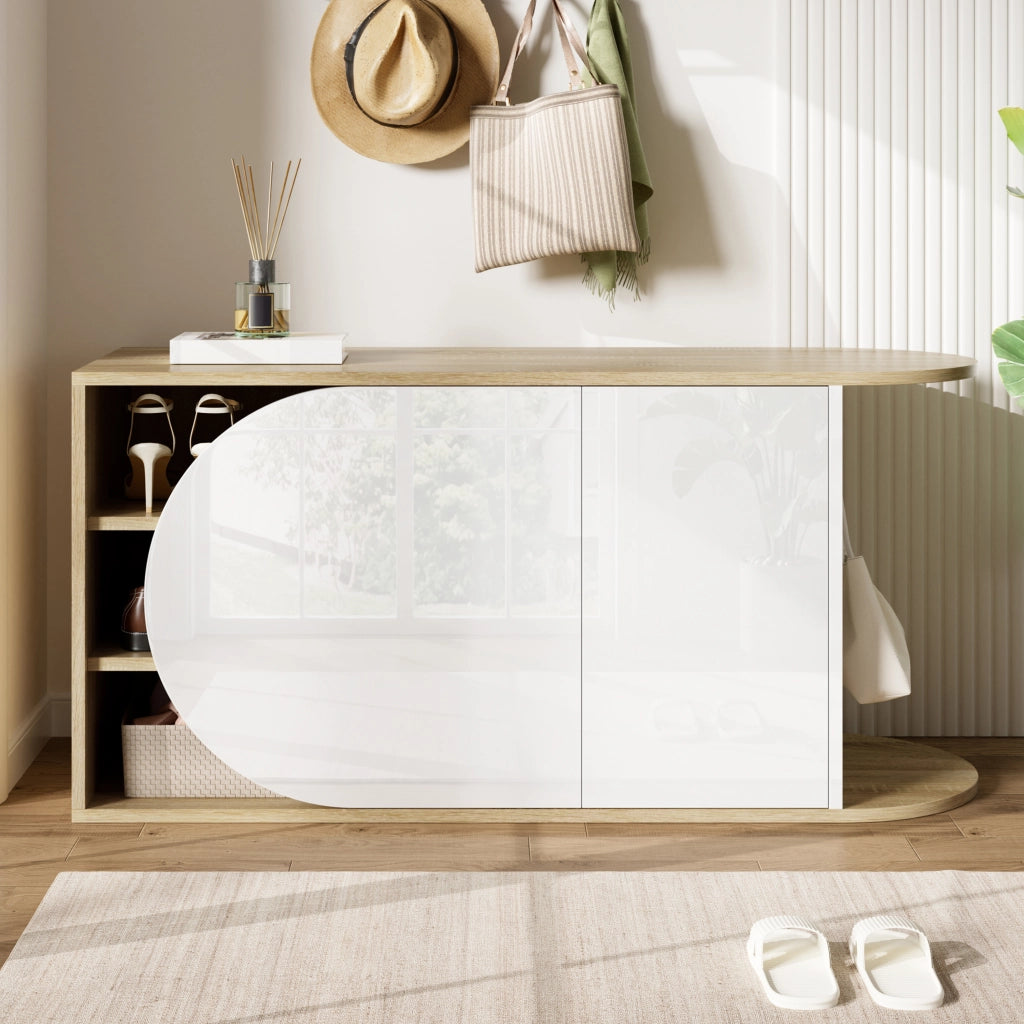 Scarpiera moderna in stile francese, bianco lucido e effetto legno naturale, con 1 gancio laterale, 104 ¡Á 37 ¡Á 50 cm