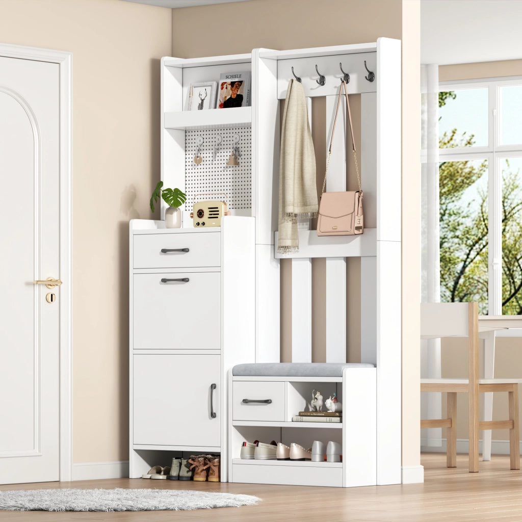Appendiabiti Ingresso 7 in 1 ¨C MINIMAL ¨C Bianco, Panca, Ganci, Cassetti, 110x35x175,5 cm
