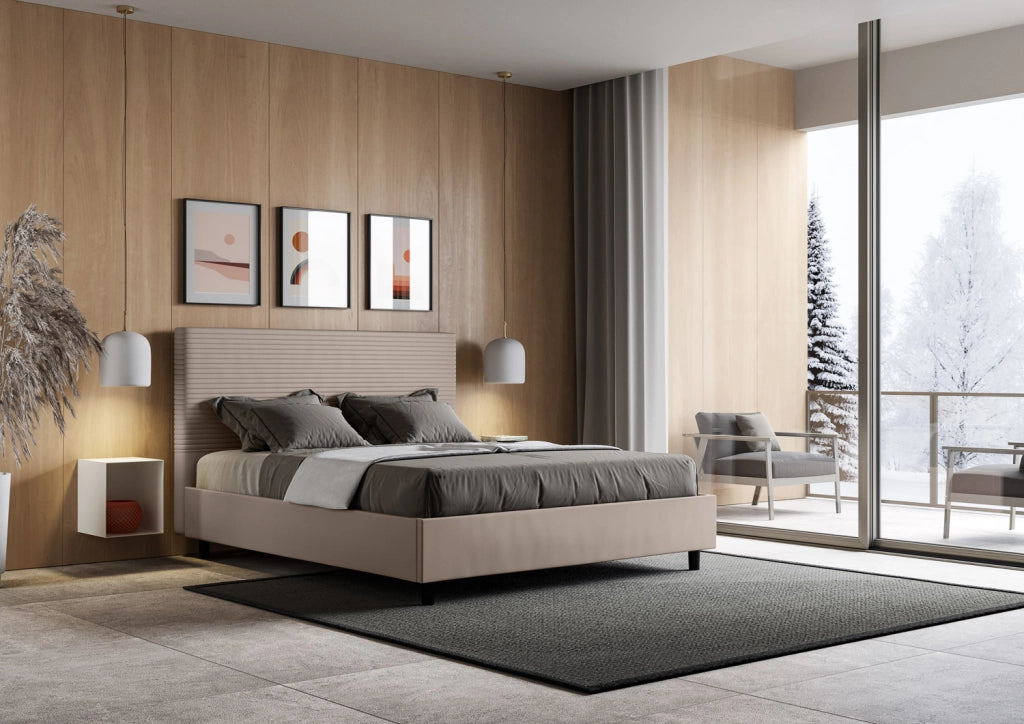 Letto Matrimoniale 160x210 cm con Rete e Contenitore con Testata e Alzata Comoda Imbottito in Similpelle Focus Tortora