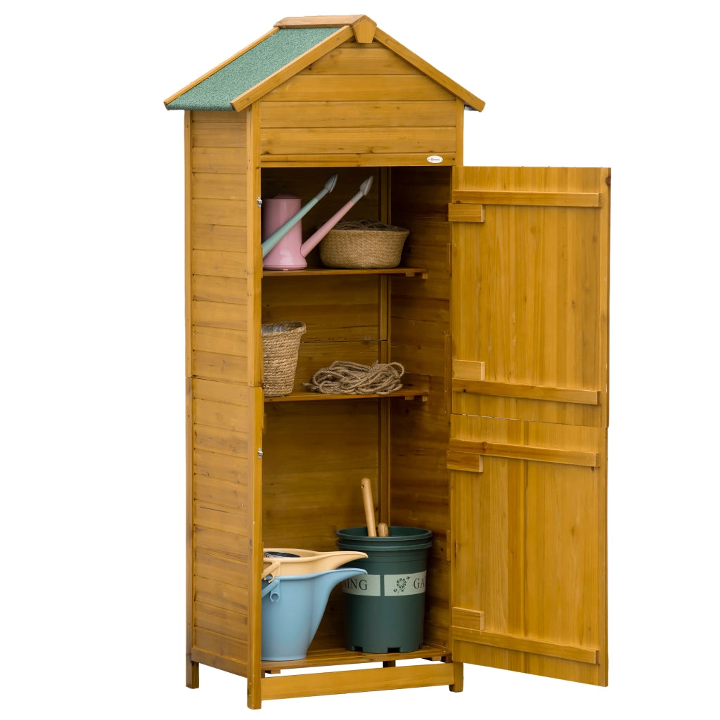 Armadietto da giardino in legno massiccio con 2 ripiani e 2 ante, tetto a due falde, per esterni, naturale, 191,5 × 79 × 49 cm