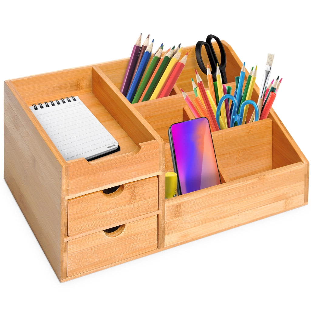 Organizer da scrivania in bambù con 2 cassetti e 7 scomparti, colore naturale, 33 x 20,5 x 15,5 cm