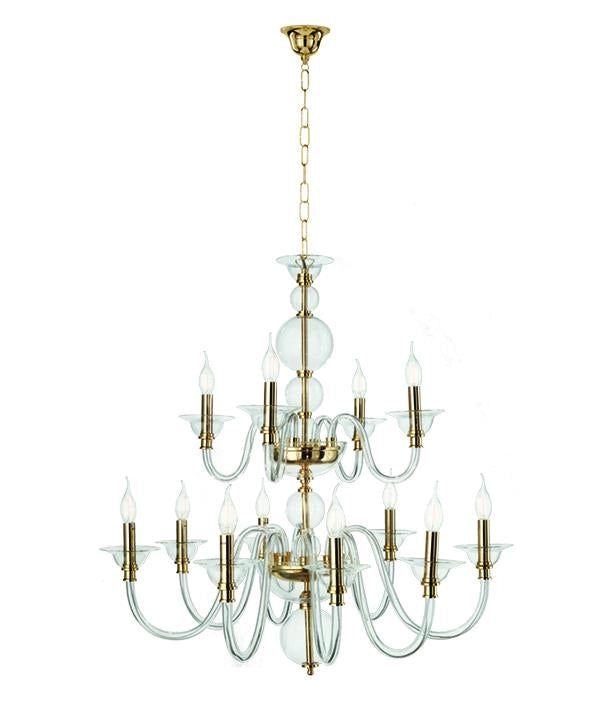 LAMPADARIO TEBE 12 LUCI TRASPARENTE E ORO ATTACCO E14 D.87CM