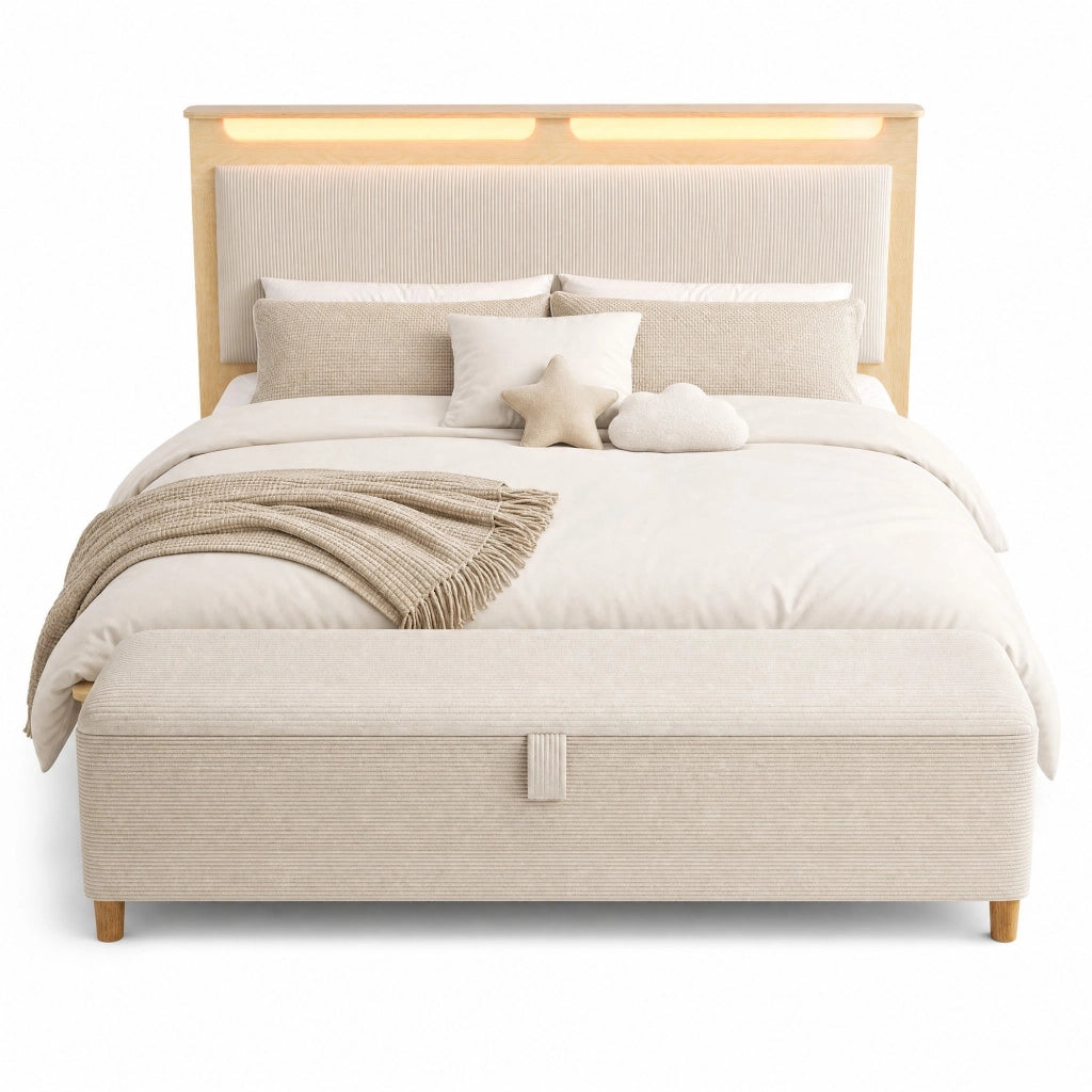 Letto Matrimoniale 140x200 cm con Panchetta, Testiera con Storaggio, LED e Schienale in Velluto a Coste Beige, Rovere Chiaro, Senza Materasso