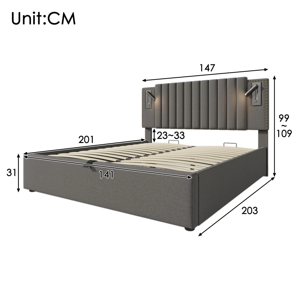 Letto matrimoniale imbottito 140x200 cm grigio con contenitore; luce lettura e porte USB/Type-C