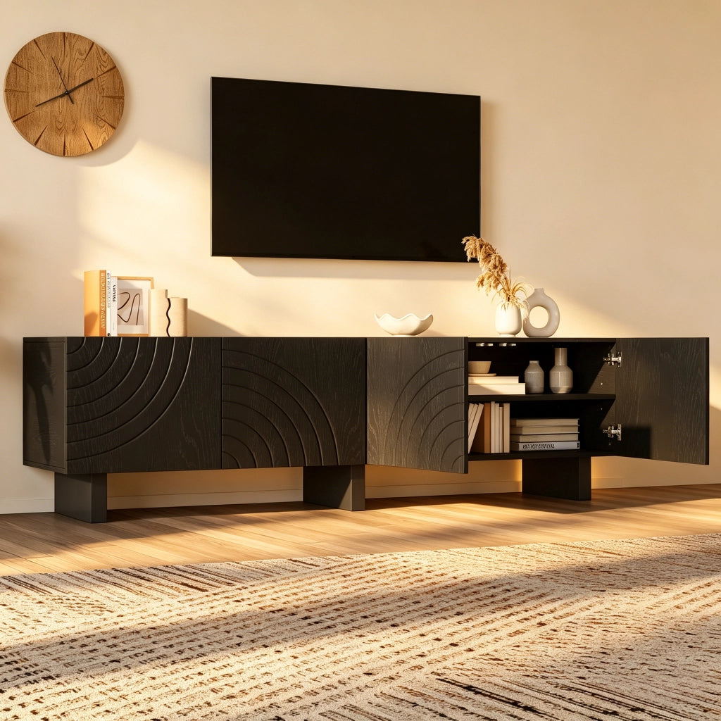 Mobile porta TV con 4 ante e 30 kg di portata in truciolato per soggiorno nero per TV fino a 75 pollici 180 × 40 × 55 cm