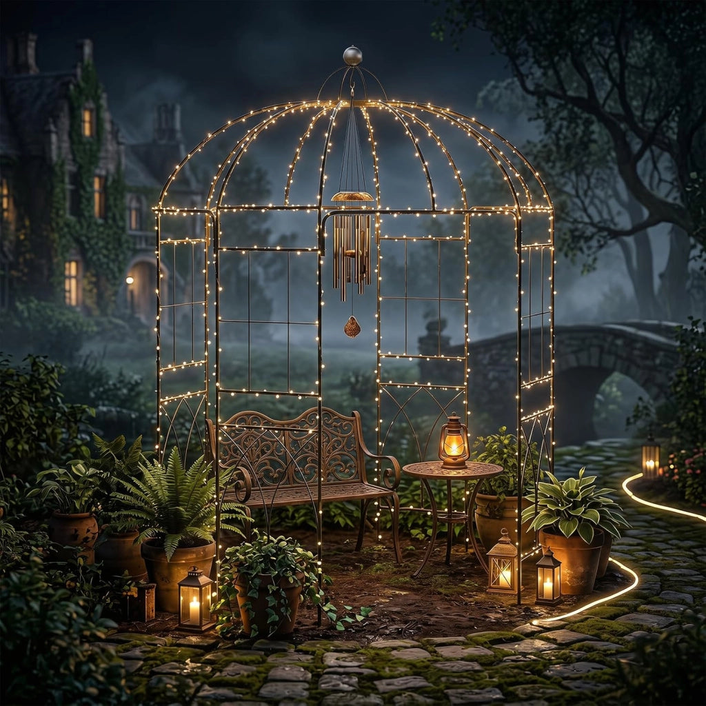 Pergolato da Giardino a Forma di Gabbia, Traliccio ad Arco in Metallo per Piante Rampicanti con Gancio e Picchetti, Gazebo da Giardino Decorativo con 4 Lati per Matrimoni, 203 x 203 x 296 cm