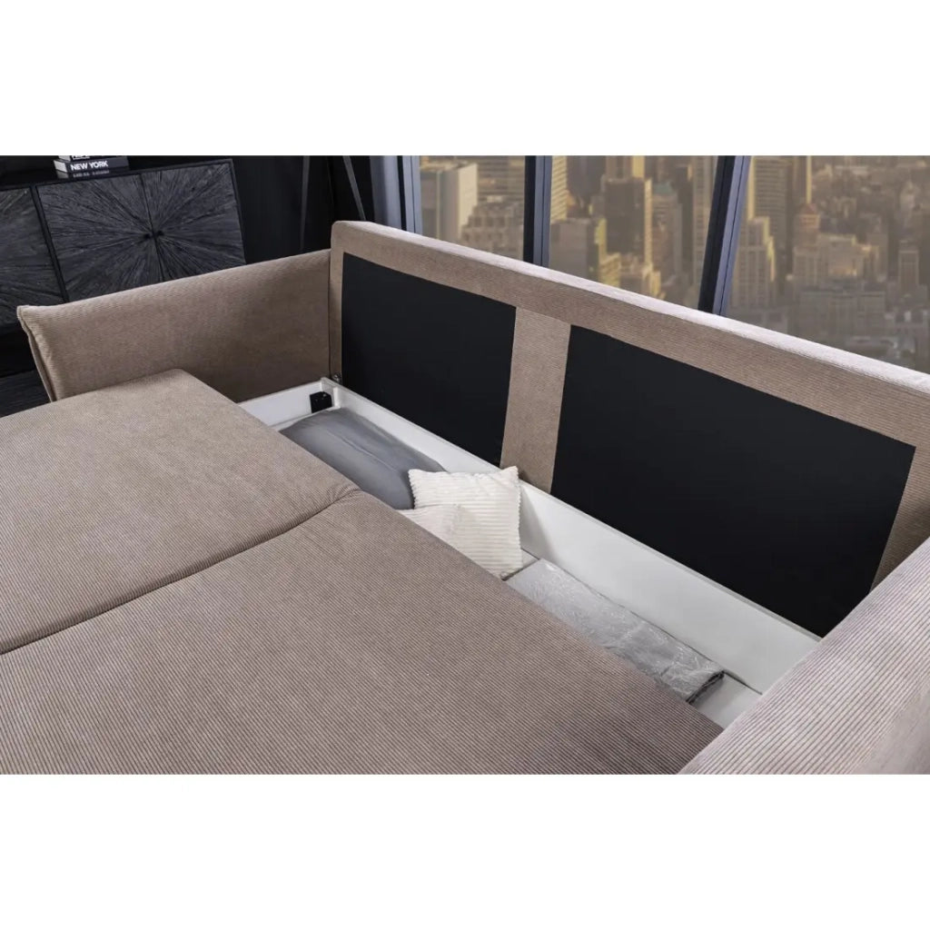 Divano destro CALDERO taupe trasformabile con contenitore – Divano letto in velluto a coste con spazio di stoccaggio integrato
