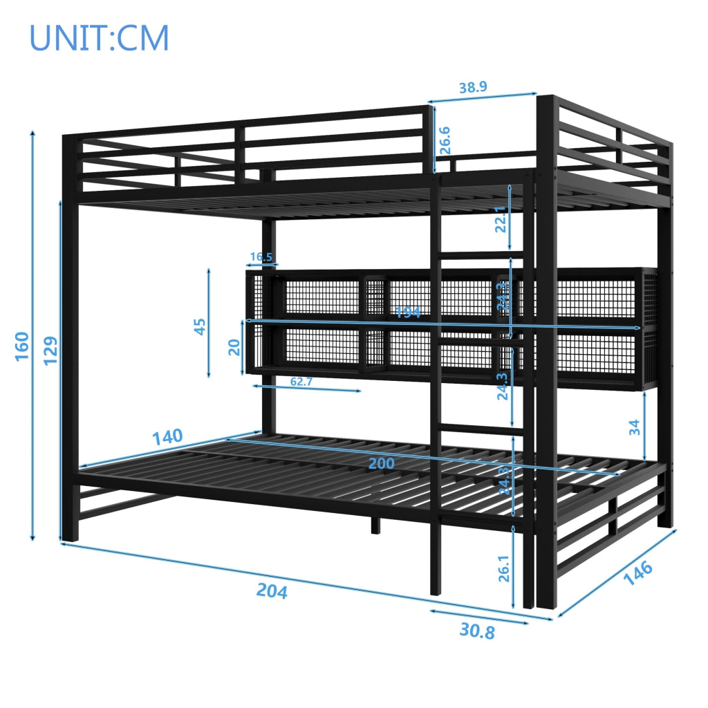 Letto a castello 140 × 200 cm con 6 armadietti laterali e LED, senza materasso, in metallo, nero