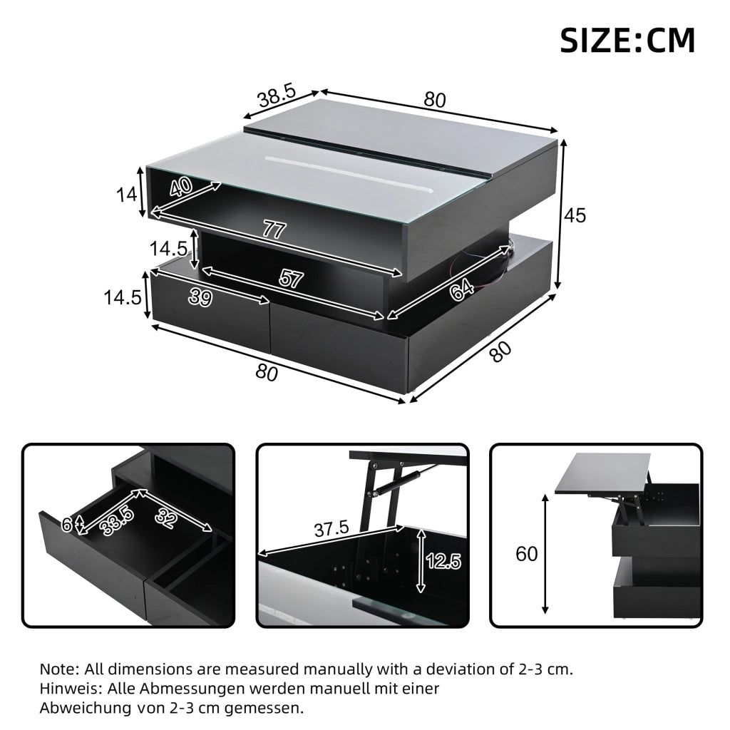 TAVOLINO da caffè 80x80x45 cm nero con LED e 2 cassetti