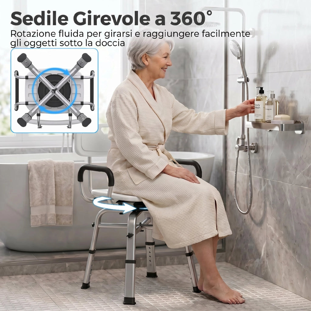 Sedia per Doccia Girevole ad Altezza Regolabile con Braccioli. Schienale. Capacit¨¤ 150 kg. Bianco