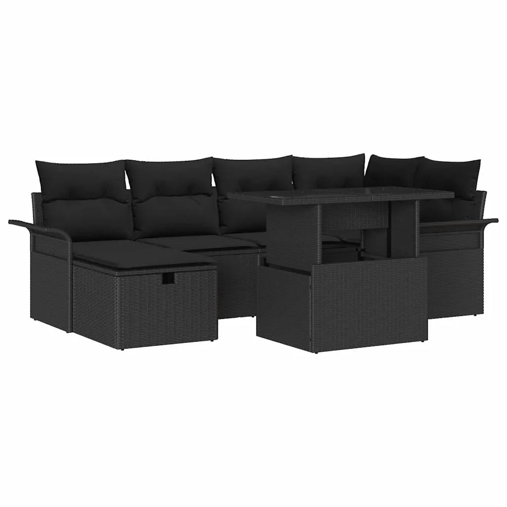 Set Divano da Giardino con cuscino 7 pcs Nero polyrattan