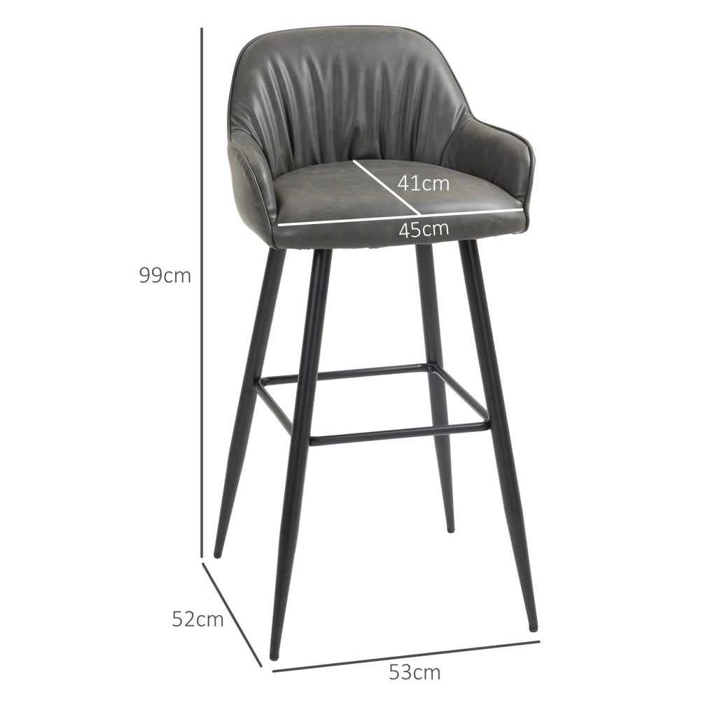 Set 2 Sgabelli da Bar Moderni con Poggiapiedi e Schienale, Finta Pelle PU e Acciaio, Grigio