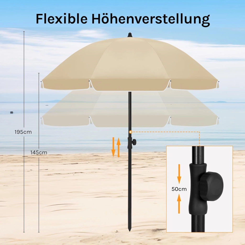 Ombrellone da Spiaggia, Ombrellone da Giardino con Funzione di Inclinazione e Altezza Regolabile, Tessuto Resistente ai Raggi UV da 180 gsm, Rotondo da 1,55 m Taupe