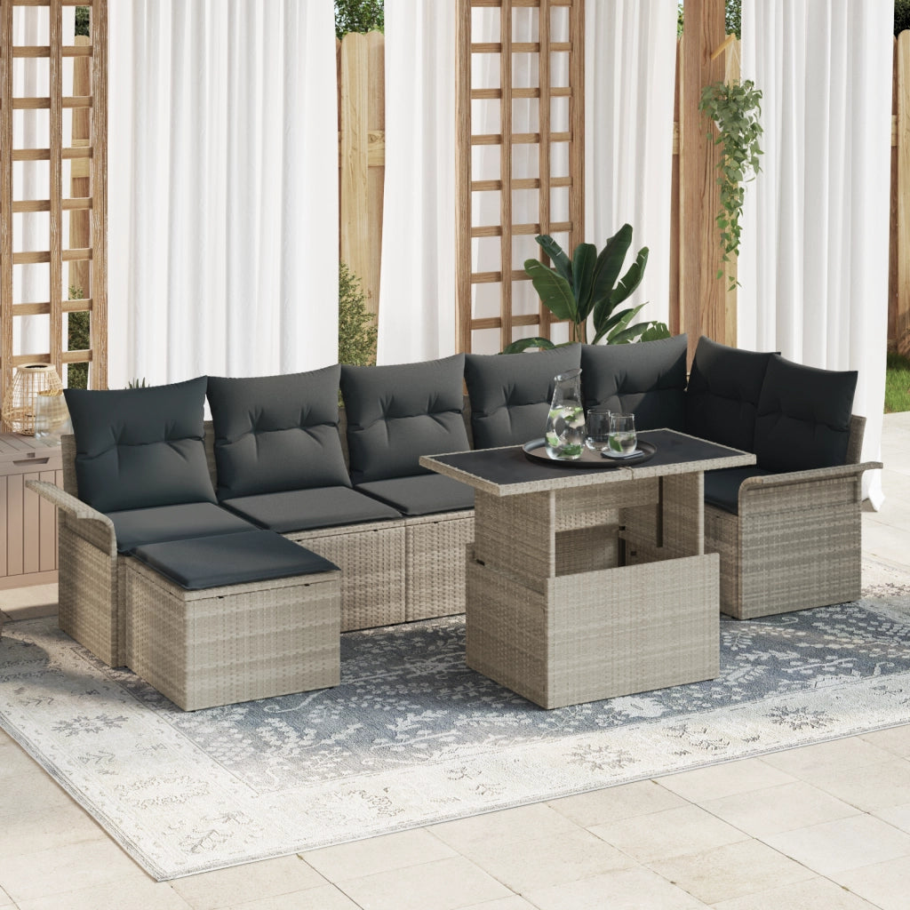 Set di divani da giardino da 8 pezzi con cuscini grigio chiaro in polyrattan