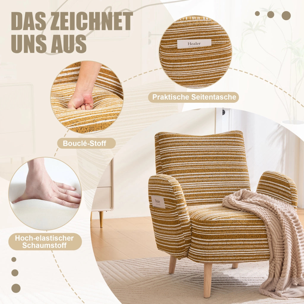 Poltrona da Lettura con Tasca Laterale Comfort Ergonomico Gambe in Legno Massello in Bouclé Giallo Senape