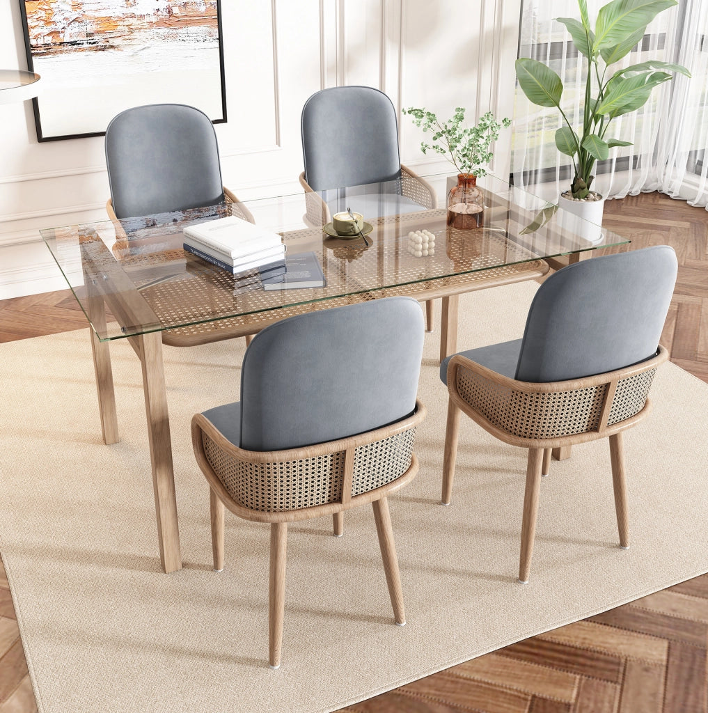 Set di 4 sedie da pranzo in velluto con design rattan e gambe in metallo grigio