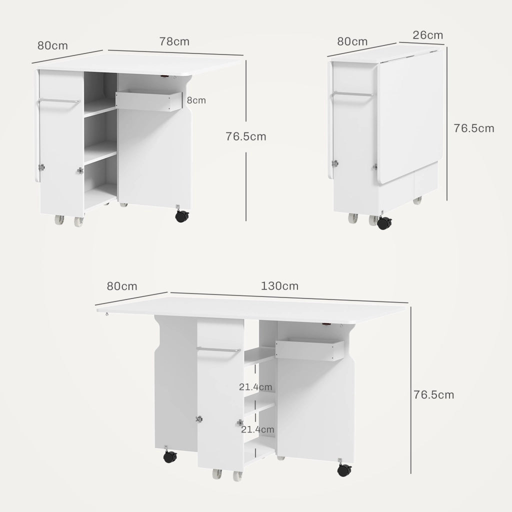 Tavolo a Ribalta Pieghevole con Ripiani a 3 Livelli Box e Rotelle 130x80x76,5 cm in MDF Bianco