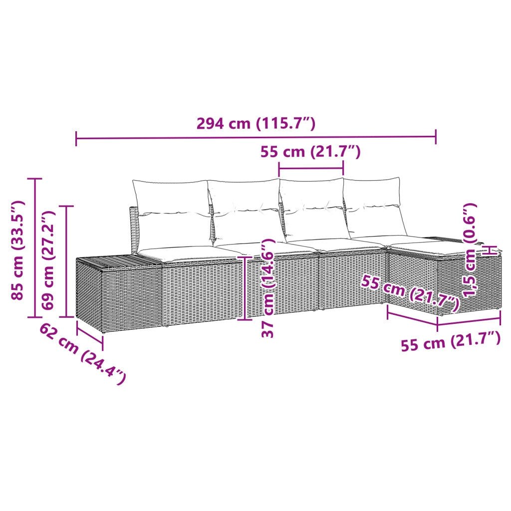 Set Divano da Giardino 5 Pezzi con Cuscini Grigio Chiaro Polyrattan