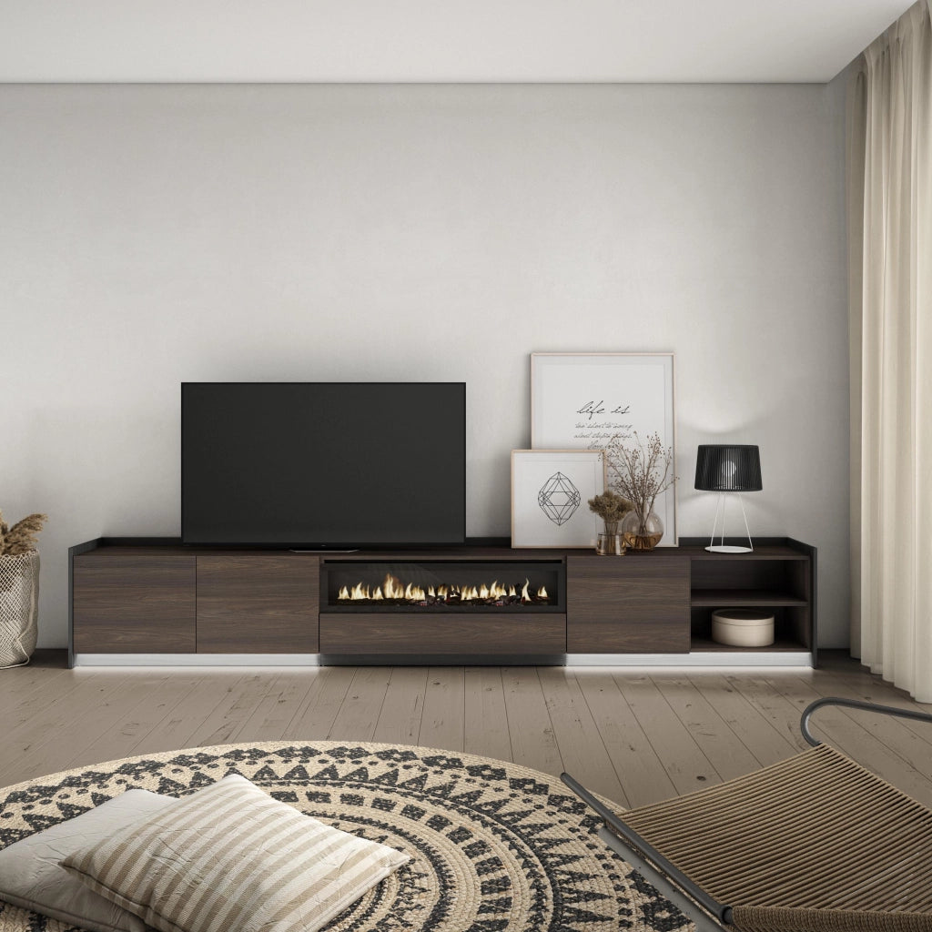 Mobile TV Soggiorno, 310x50x37 cm, Per TV fino a 80", Camino elettrico, LED, Rovere scuro e Nero