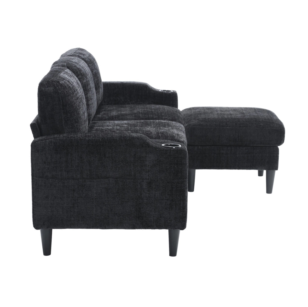 Divano 4 posti con pouf contenitore 196.5x75x77 cm in chenille nero