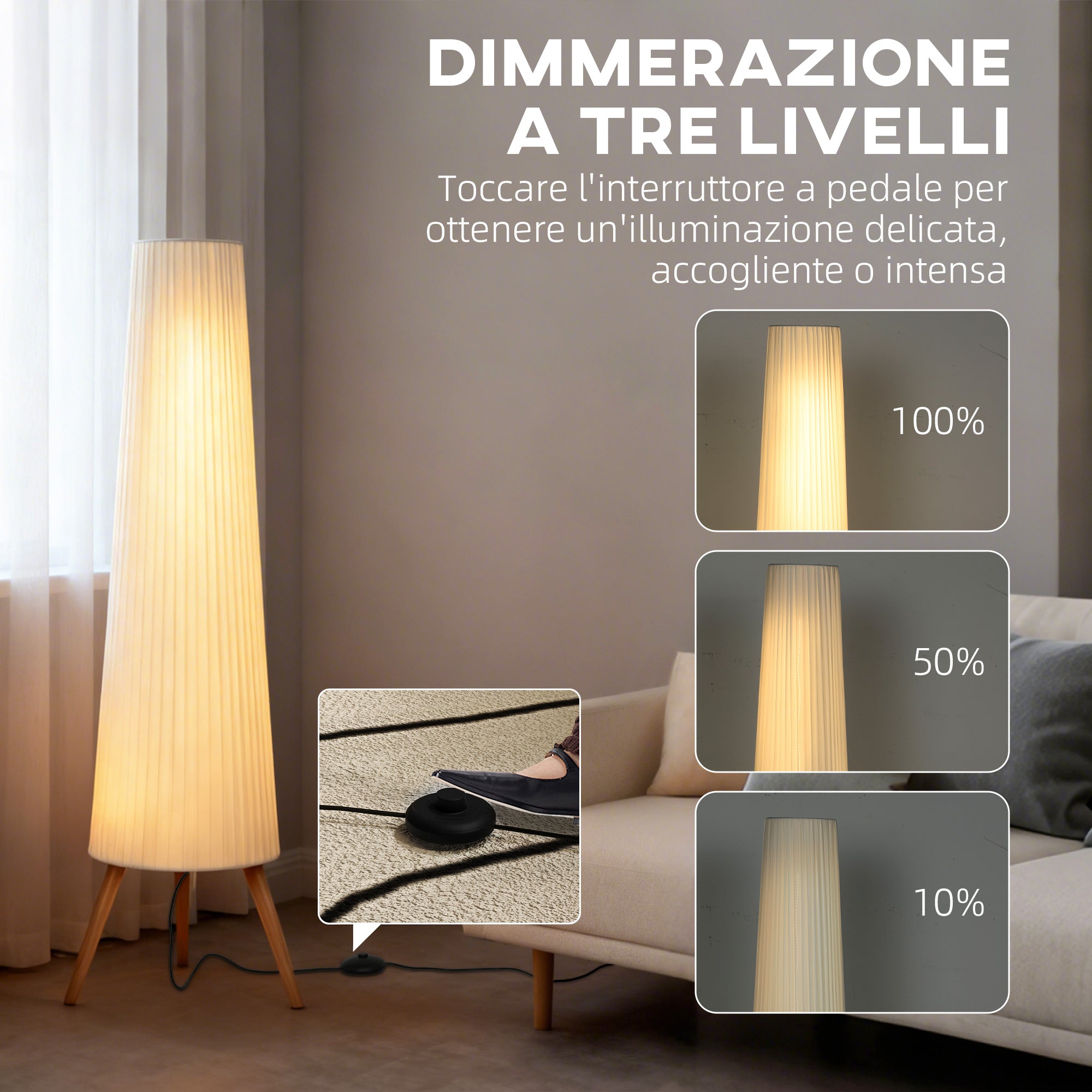 Lampada da Terra Treppiede 46x46x153 cm con Interruttore a Pedale e Luminosità Regolabile Bianco