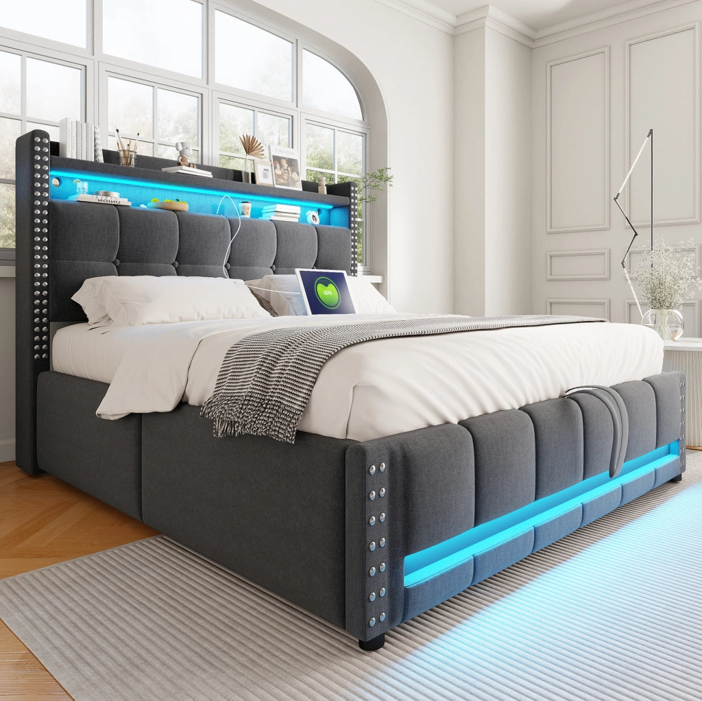 Letto matrimoniale imbottito 140x200 cm con LED e USB grigio