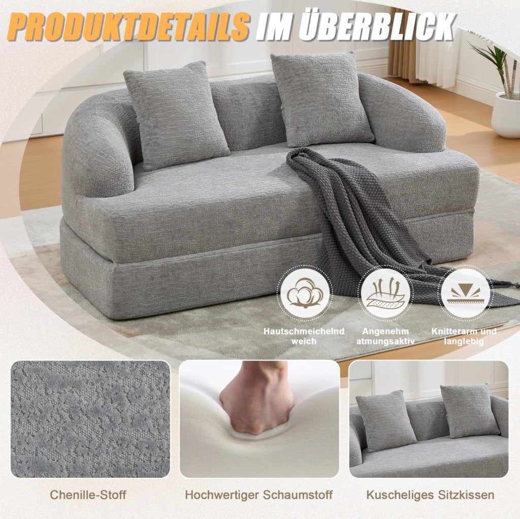 Divano letto pieghevole a due posti in chenille grigio chiaro