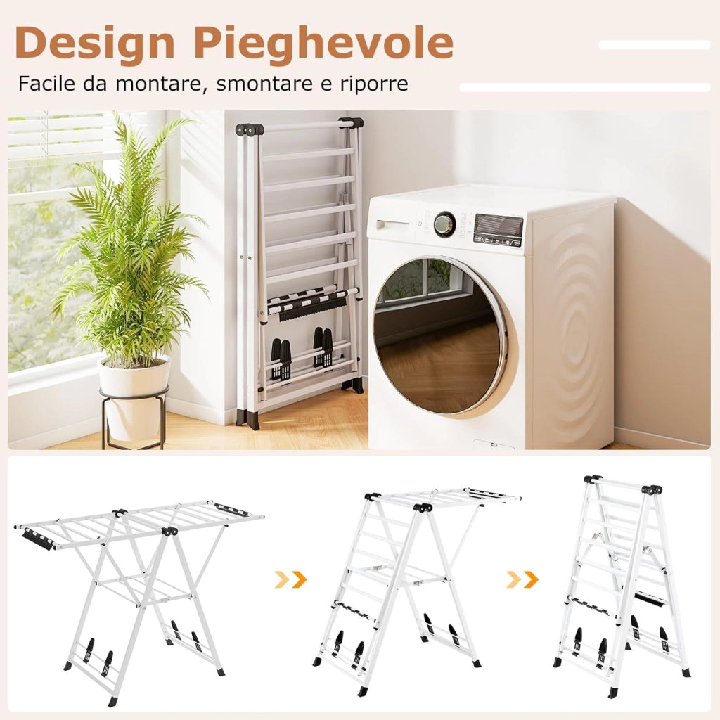 Stendibiancheria con 16 Barra, Stendino Pieghevole in Metallo con Ali Regolabili in Altezza, Clips per Calzini, Supporto per Abbigliamento Autoposante a Ali per Interno Esterno (Bianco)