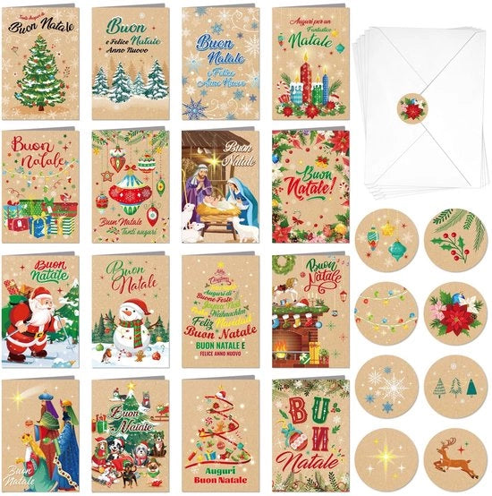 Set di Carte Natalizie da 16 pezzi - Festeggiamenti Natalizi Felici - Con Buste - Realizzato in Carta Kraft - Dimensioni 16 x 11 cm - Inclusi Stickers - Carte di Auguri