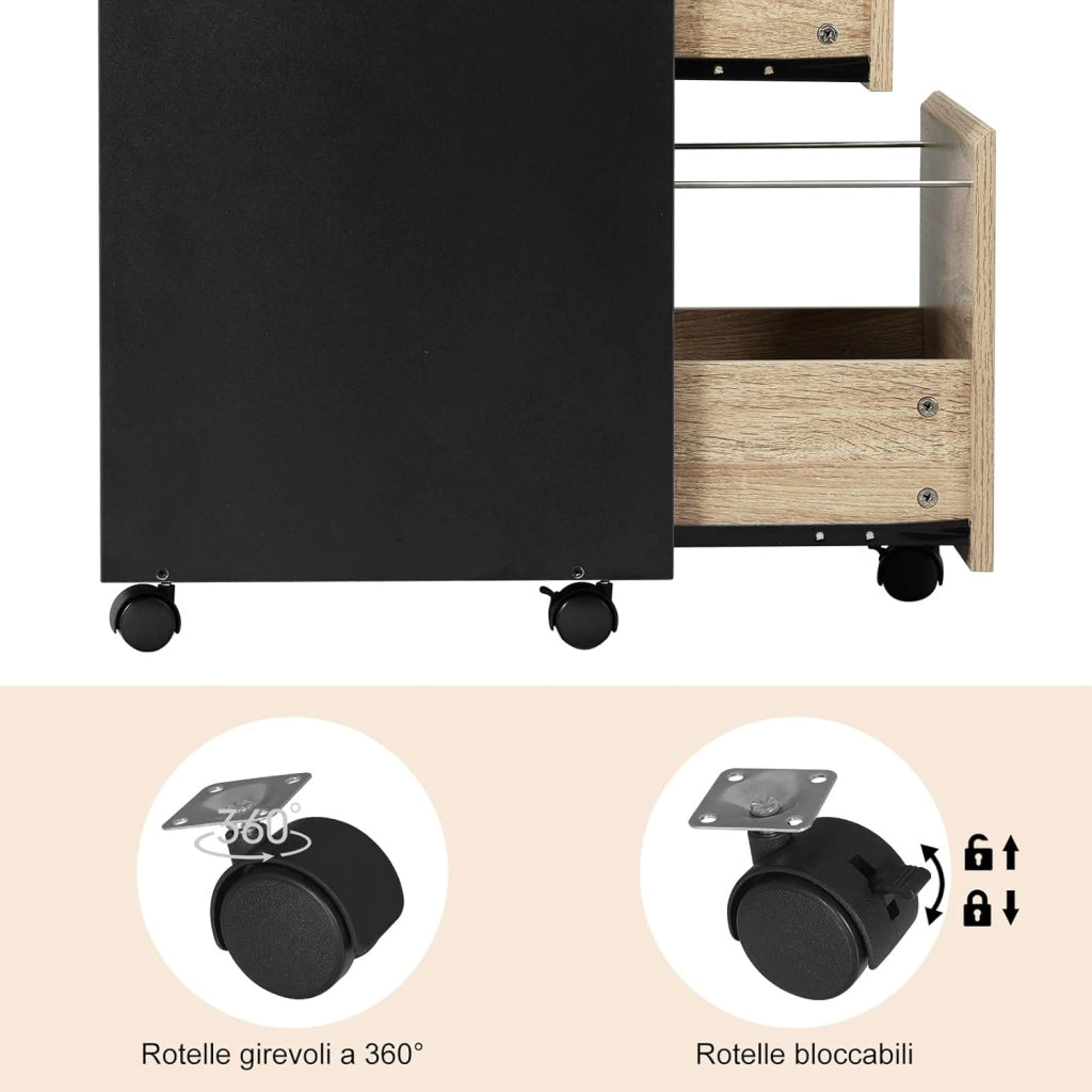 Cassettiera da Ufficio, Cassettiera Portadocumenti a 3 Cassetti, Mobiletto Portaoggetti con Ruote per Studio, Camera da Letto,in Legno, Rovere Chiaro e Nero, 40x40x70cm, ASK01hei