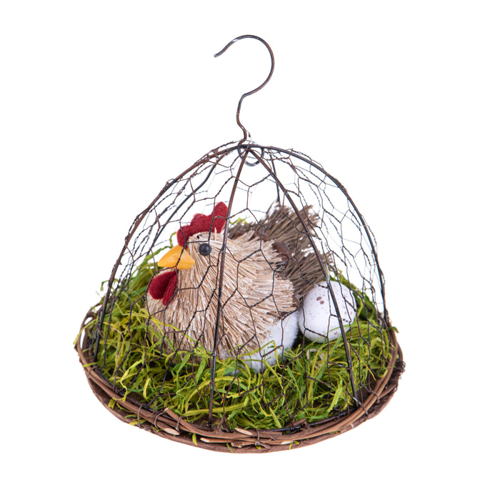 Set 2 Galline Decorative Dentro Gabbia Rete H 15 cm