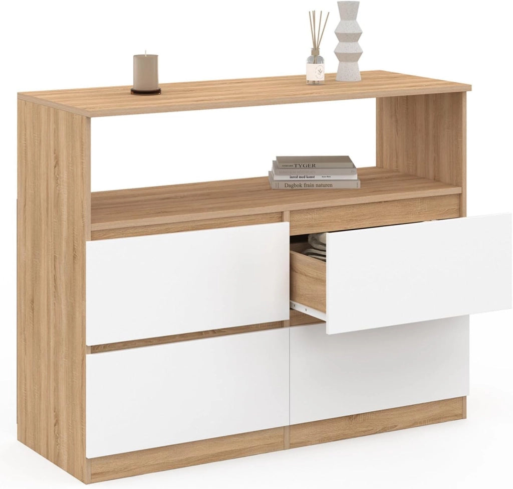 TOMI Cassettone a 4 cassetti da 100 cm con nicchia effetto faggio in bianco