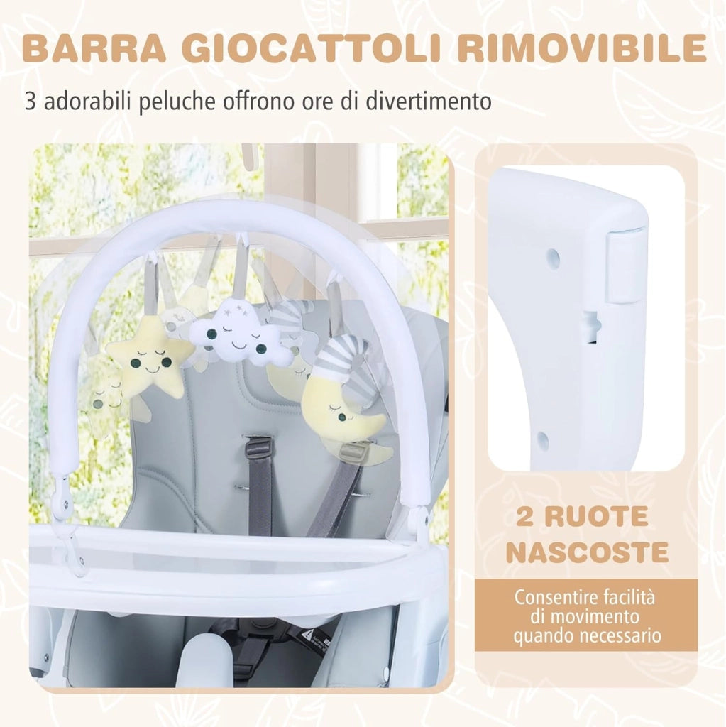 Seggiolone Pappa Portatile, con Altezza Regolabile, Schienale Reclinabile e Vassoio Rimovibile, Seggiolone Evolutivo Pieghevole con Cintura e 2 Ruote, per Bambini 6-36 Mesi (Grigio Chiaro)