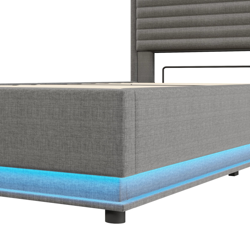 Letto imbottito 90x200 cm in lino grigio con contenitore idraulico; LED e porte USB