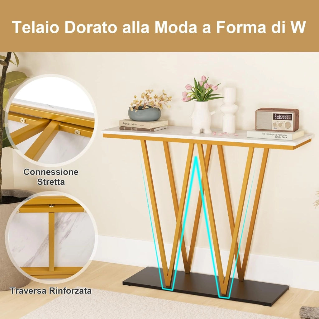 Tavolo Consolle, Tavolo da Ingresso Moderno con Piano in Marmo Finto e Struttura in Metallo e Base per Ripostiglio, Tavolino Stretto e Multiuso per Soggiorno, Ingresso e Corridoio