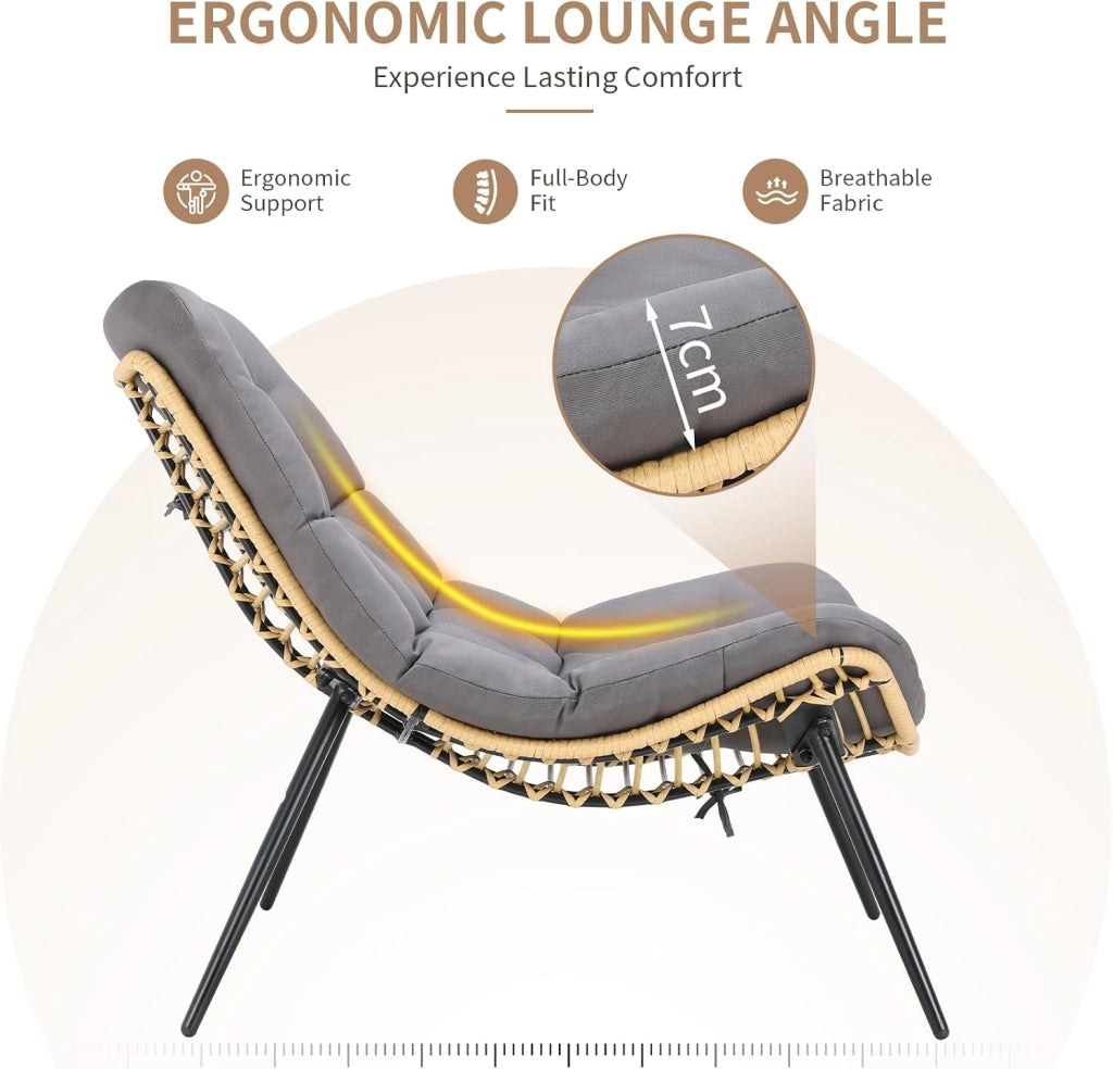 Sedia a sdraio con sgabello, in rattan, resistente alle intemperie, fino a 120 kg, poltrona da balcone con cuscino rimovibile, cuscino impermeabile, per giardino, balcone, soggiorno, cortile