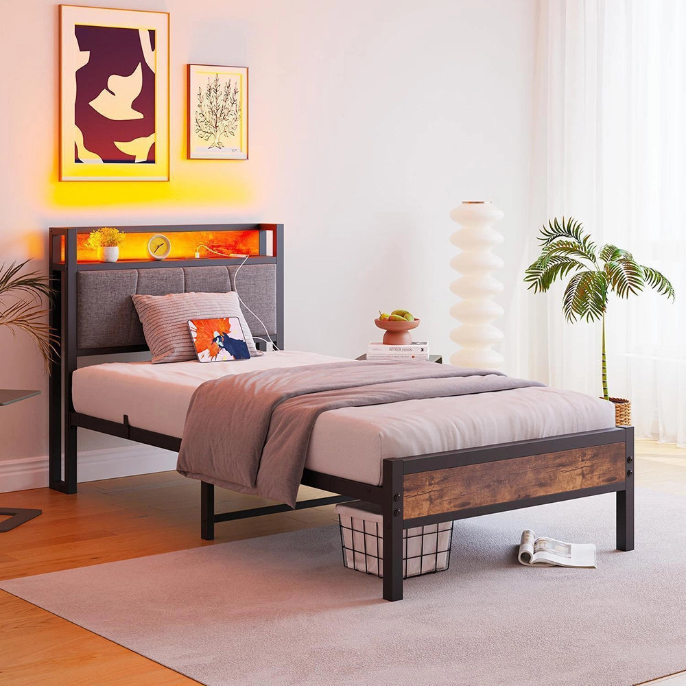 Struttura letto-Xylo-90x200cm,Nero,Con illuminazione LED e porte di ricarica USB-