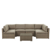 Set salotto esterni Cuscini rattan sintetico marrone Divano angolare modulare 6 persone Tavolino piano vetro temperato Set giardino 7 pezzi