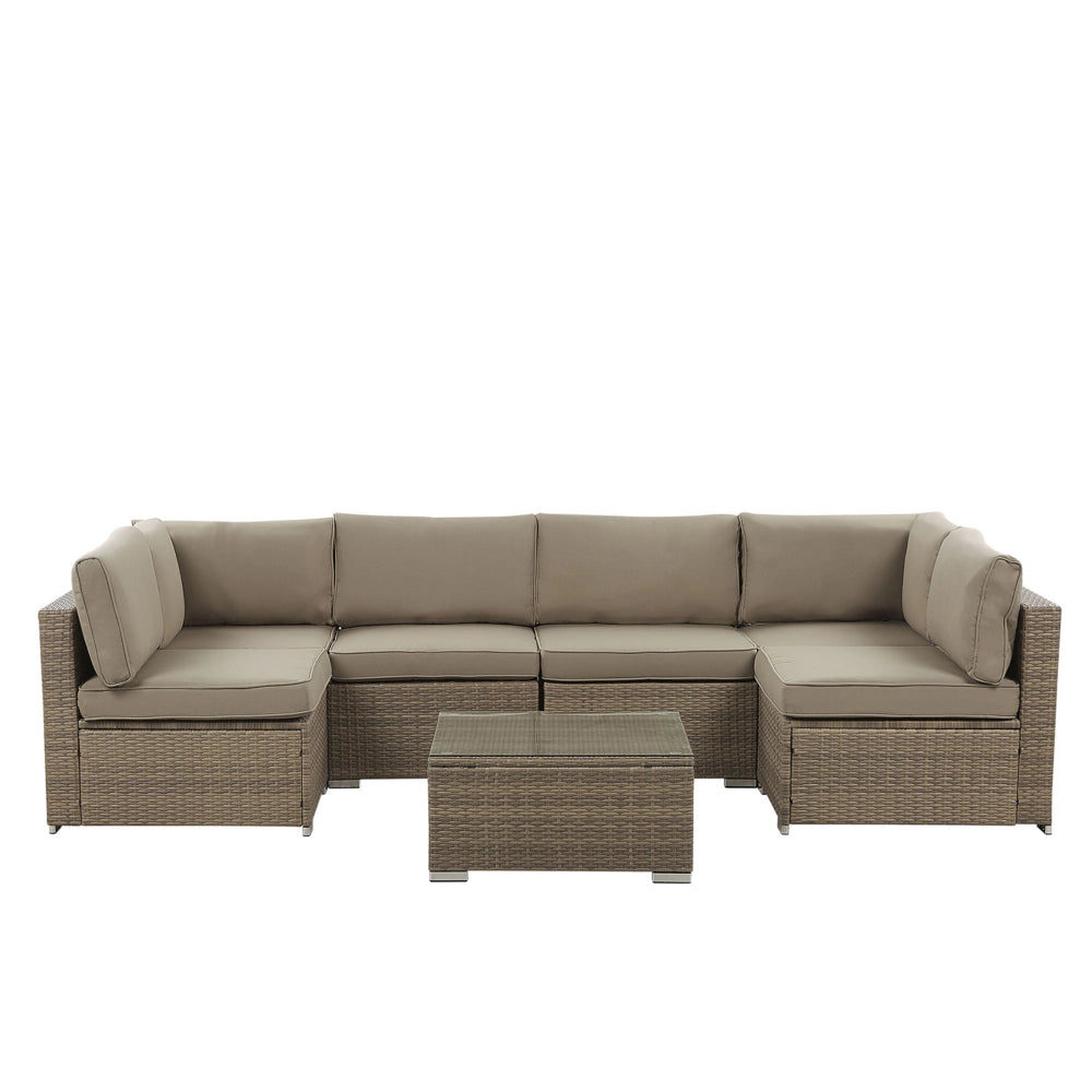 Set salotto esterni Cuscini rattan sintetico marrone Divano angolare modulare 6 persone Tavolino piano vetro temperato Set giardino 7 pezzi