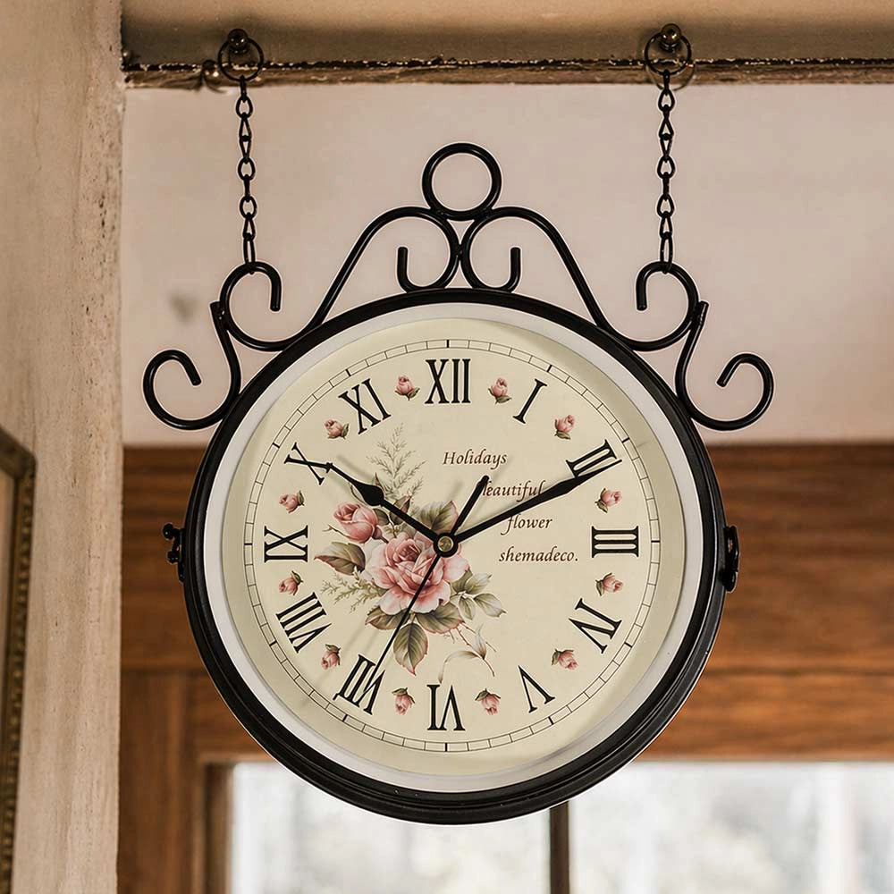Orologio da Parete Bifacciale Stile Retrò con Staffa in Ferro