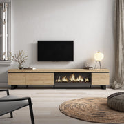 Mobile TV Soggiorno, 288x35x57cm, TV di grande formato, Camino elettrico XXL, Design industriale, colore Rovere RF3624