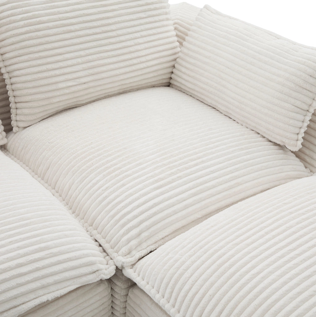 Divano modulare 4 posti con pouf, tessuto a coste beige, cuscini, portabicchieri e tasche laterali