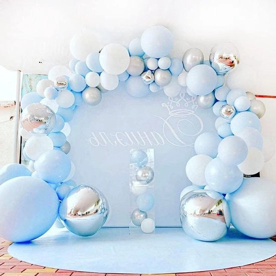 Decorazione di Compleanno Arcobaleno di Ballooni - 114 Ballooni Blu Argento e Bianchi - Arcobaleno di Ballooni Blu - Festa di Benvenuto per Bambino - Primo Compleanno Decorazione