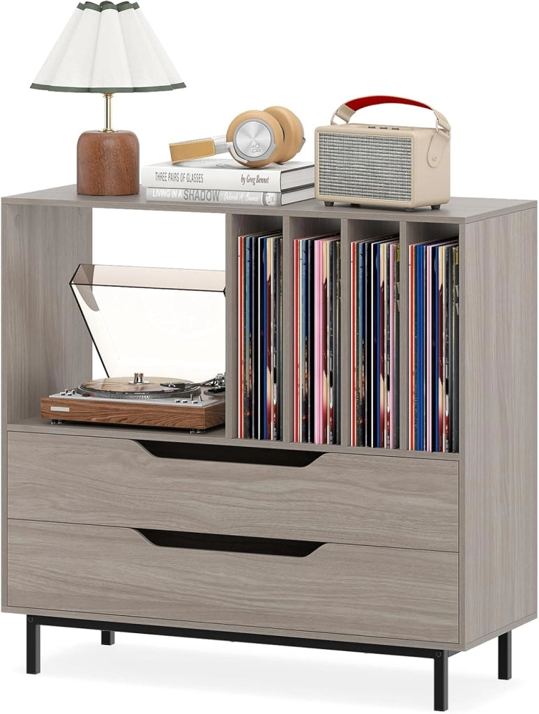 Supporto per Giradischi, Porta Dischi Vinile con 4 Ripiani per Vinili e 2 Cassetti, Armadio per Dischi Fino a 250 Album, per Soggiorno, Studio e Camera da Letto, 91 x 35 x 87 cm (Marrone)