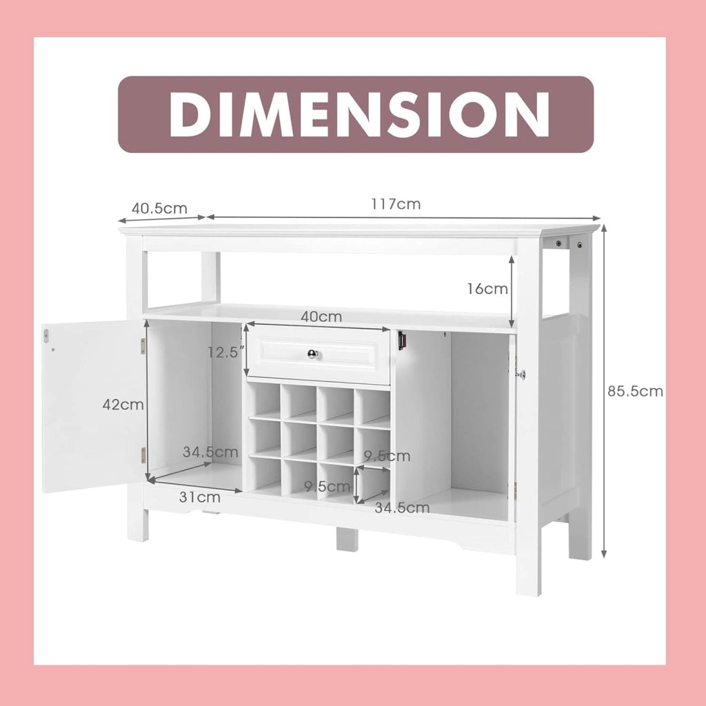 Mobiletto Multioso a Buffet, Credenza Cucina con 2 Ante, 1 Cassetto, 12 Cubetti di Vino, 2 Ripiani, Armadietto da Soggiorno, Credenza Cucina Salvaspazio in Legno, 116 × 40 × 82 cm