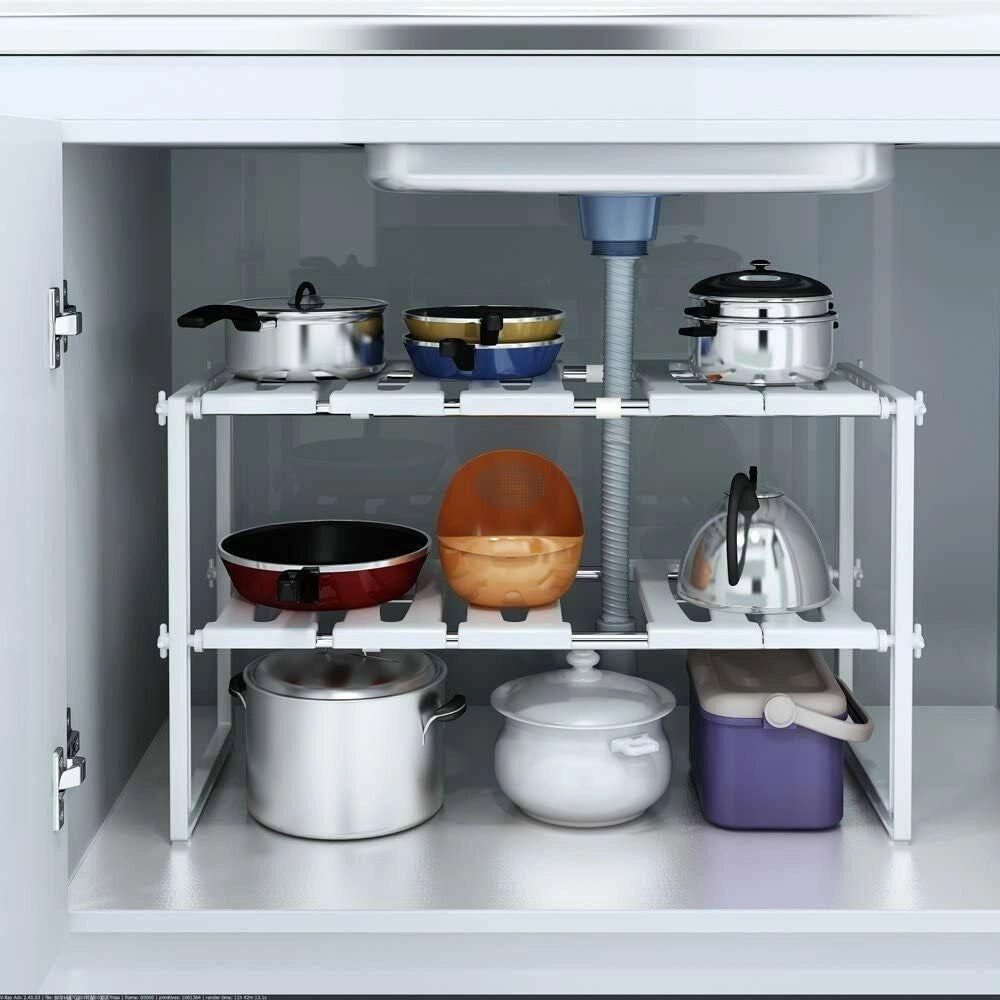 Trade Shop - Scaffale Sotto Lavabo Cucina 2 Ripiani Salvaspazio Regolabile 38x26x50-70cm 5818 -