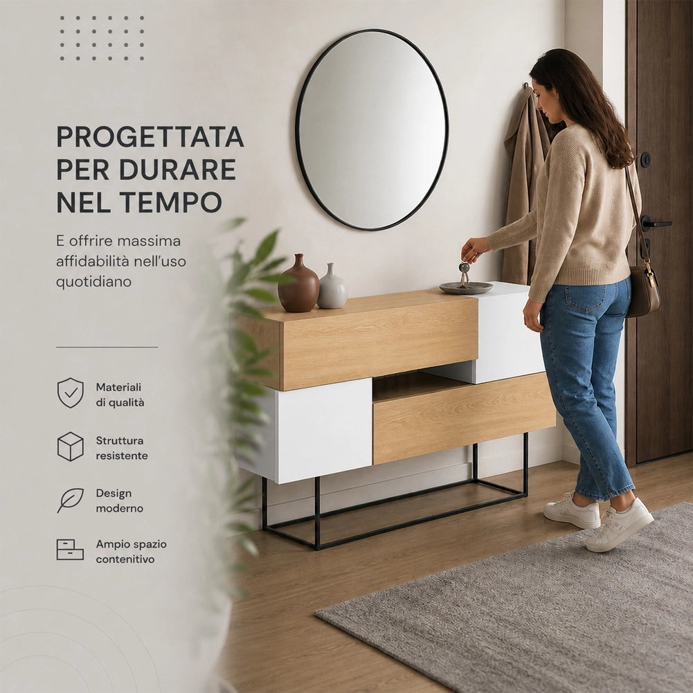 Madia Consolle Moderna 145 cm con 2 Ante 2 Cassetti Zaffiro di Quercia e Bianco